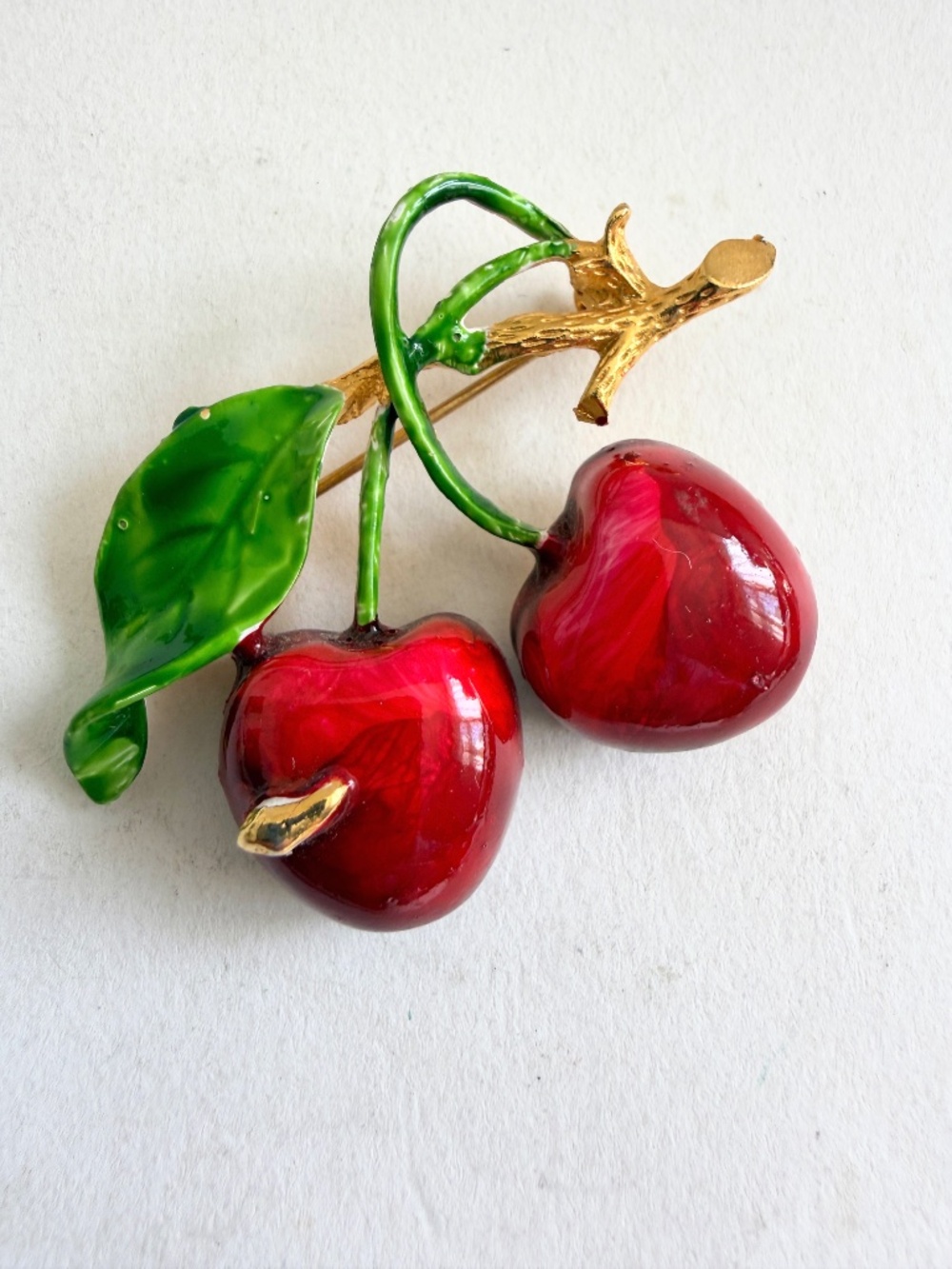 Vintage Cherry Brooch Kitschy Rockabilly Pin 70s Red Green Gold Tone Novelty